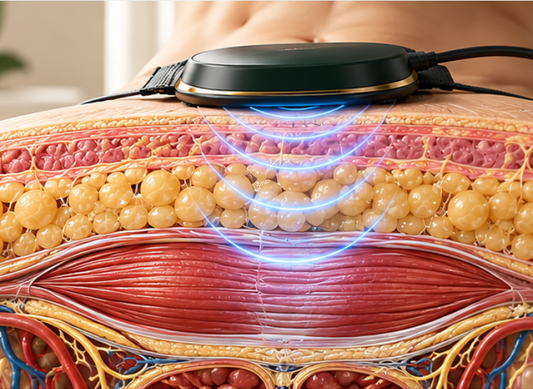 A close-up of a black circular wireless body contouring or massage device placed on human skin, with glowing blue energy wave graphics and a detailed anatomical illustration of skin and muscle layers beneath.